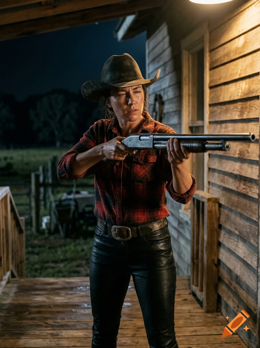 Photorealistic digital art of a modern cowgirl holding a shotgun on a porch at night.