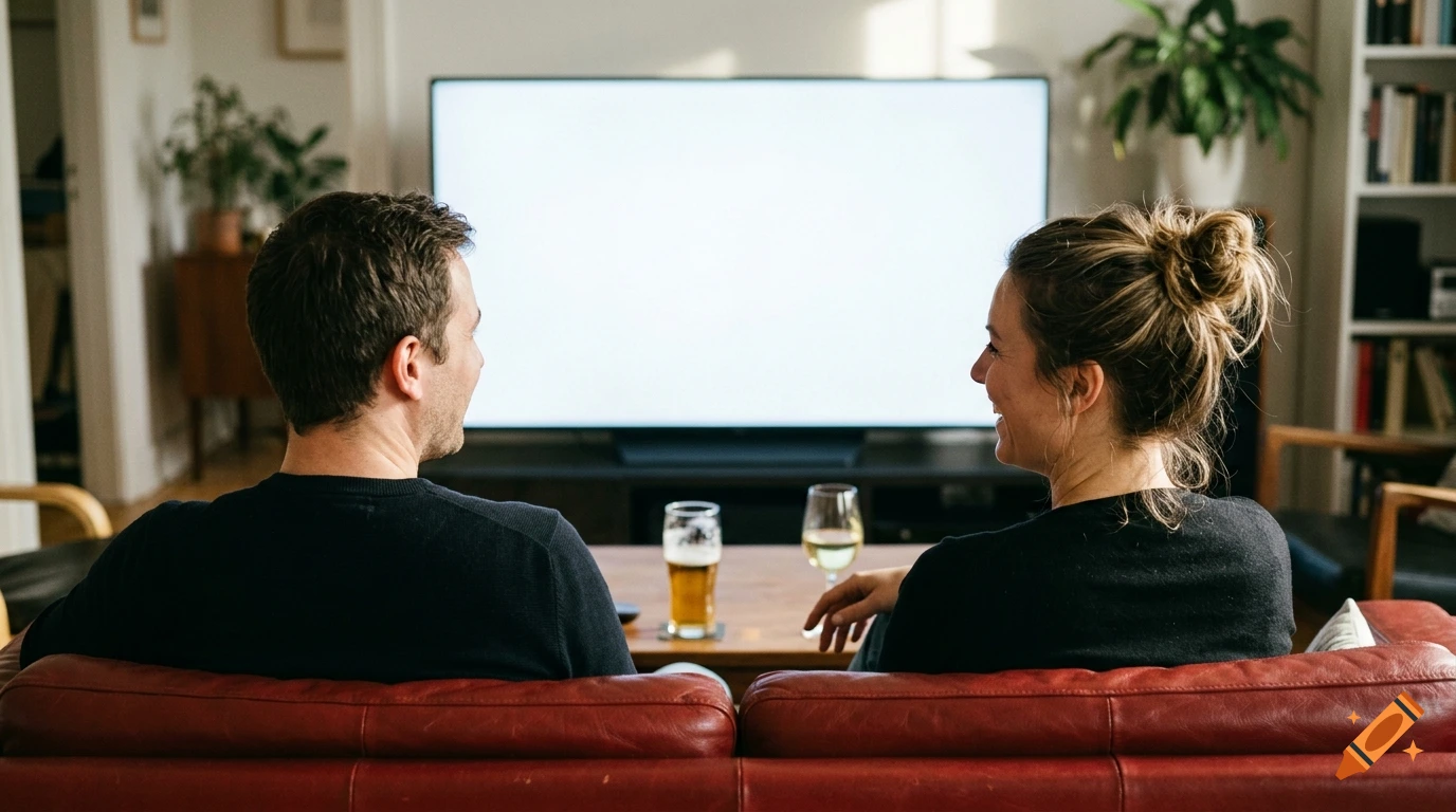 A man and a woman sitting on a red sofa in a living room, facing each other with drinks on a coffee table in front of a blank television screen.