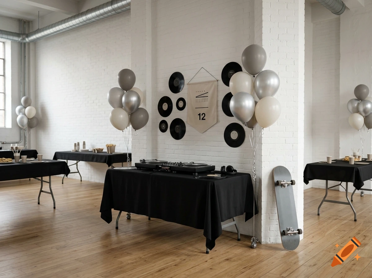 A large white brick room decorated with black and silver balloons, vinyl records on the wall, and tables covered in black cloths for a party.