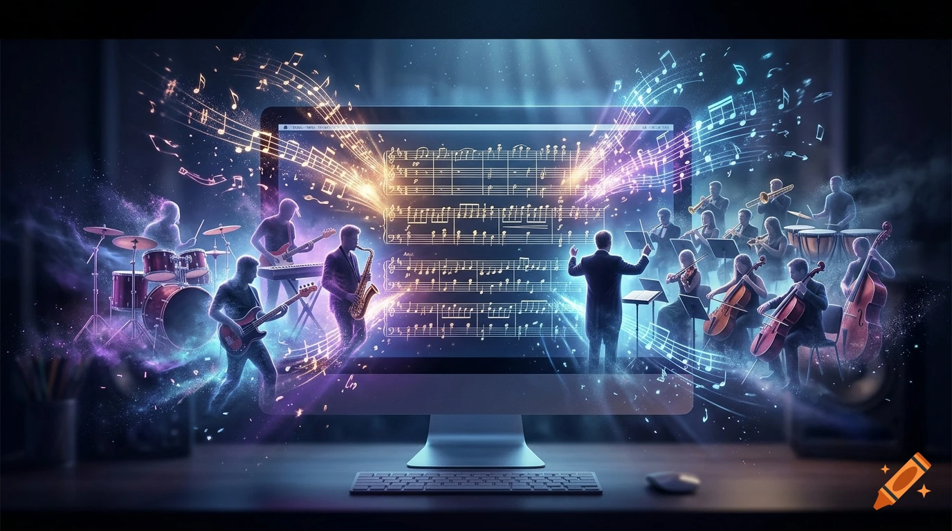 A computer screen displaying musical scores with a symphony orchestra and rock band emerging from it in a burst of light.