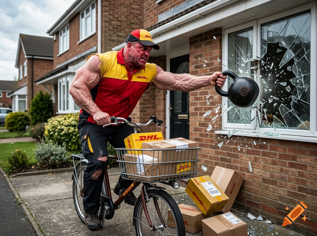 A muscular delivery man riding a bicycle while smashing a window with a kettlebell, photorealistic.