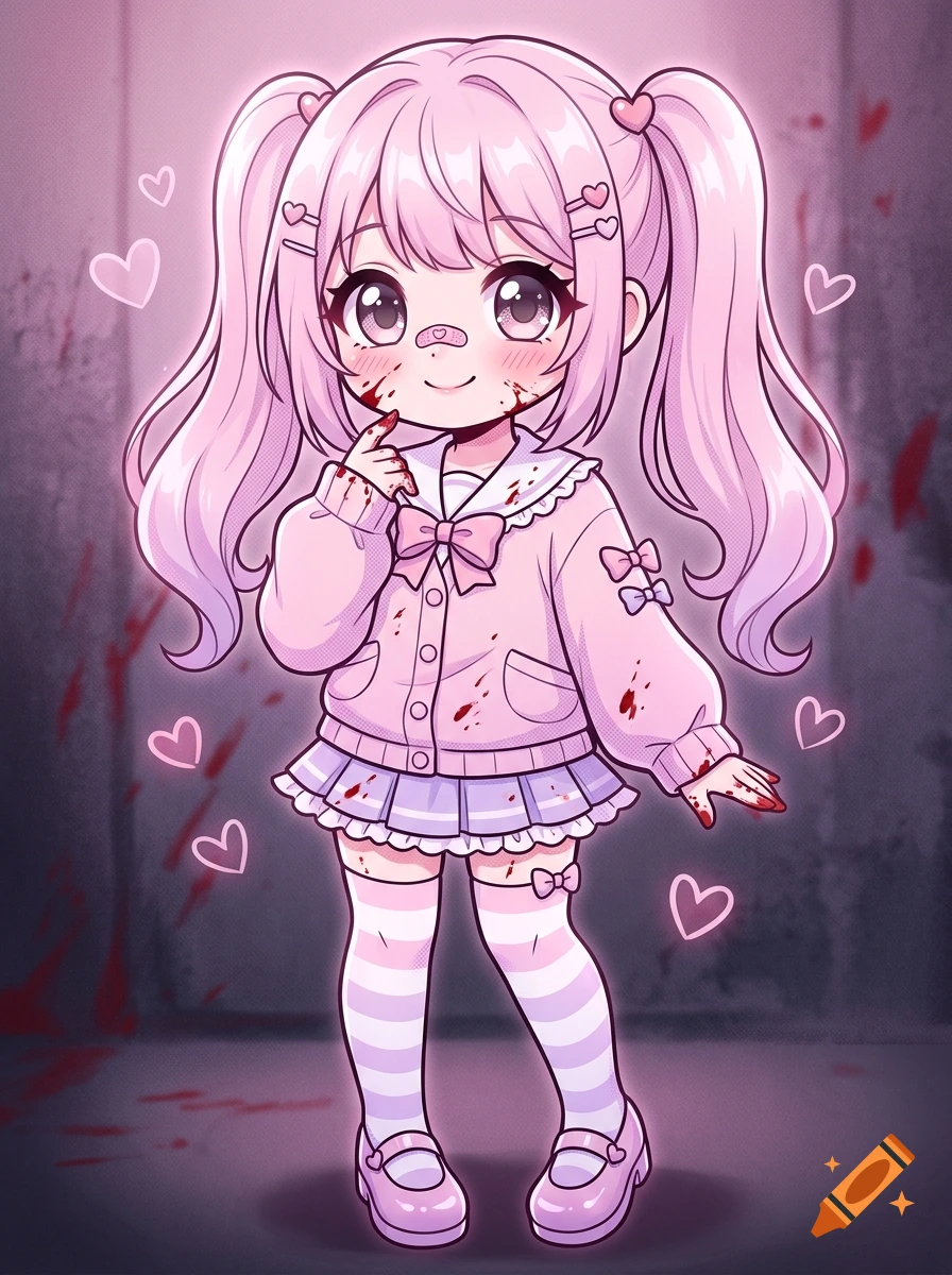 Digital anime style illustration of a cute pastel pink-haired girl with pigtails, a bow, and blood splatters on her face and clothes.