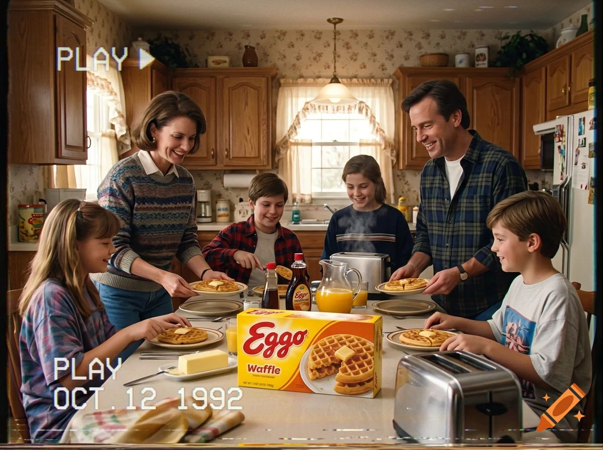 A 1990s vintage VHS commercial style photo of a family gathered around a kitchen table with Eggo waffles and a toaster.