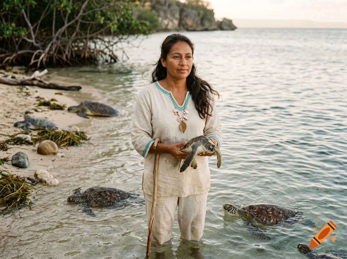 A woman stands in shallow water on a beach, holding a sea turtle, surrounded by several other sea turtles near the shore.