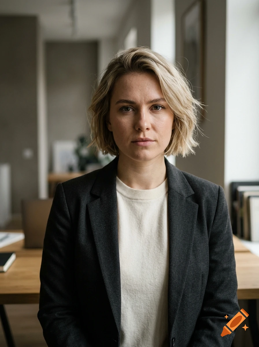 Portrait of a blonde woman wearing a dark blazer over a white shirt, indoors.