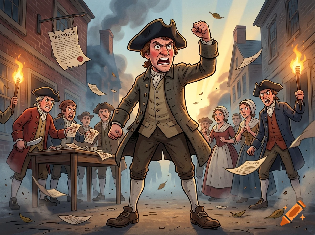Cartoon illustration of an angry colonial man raising his fist during a tax protest, surrounded by disgruntled colonists holding papers and torches.