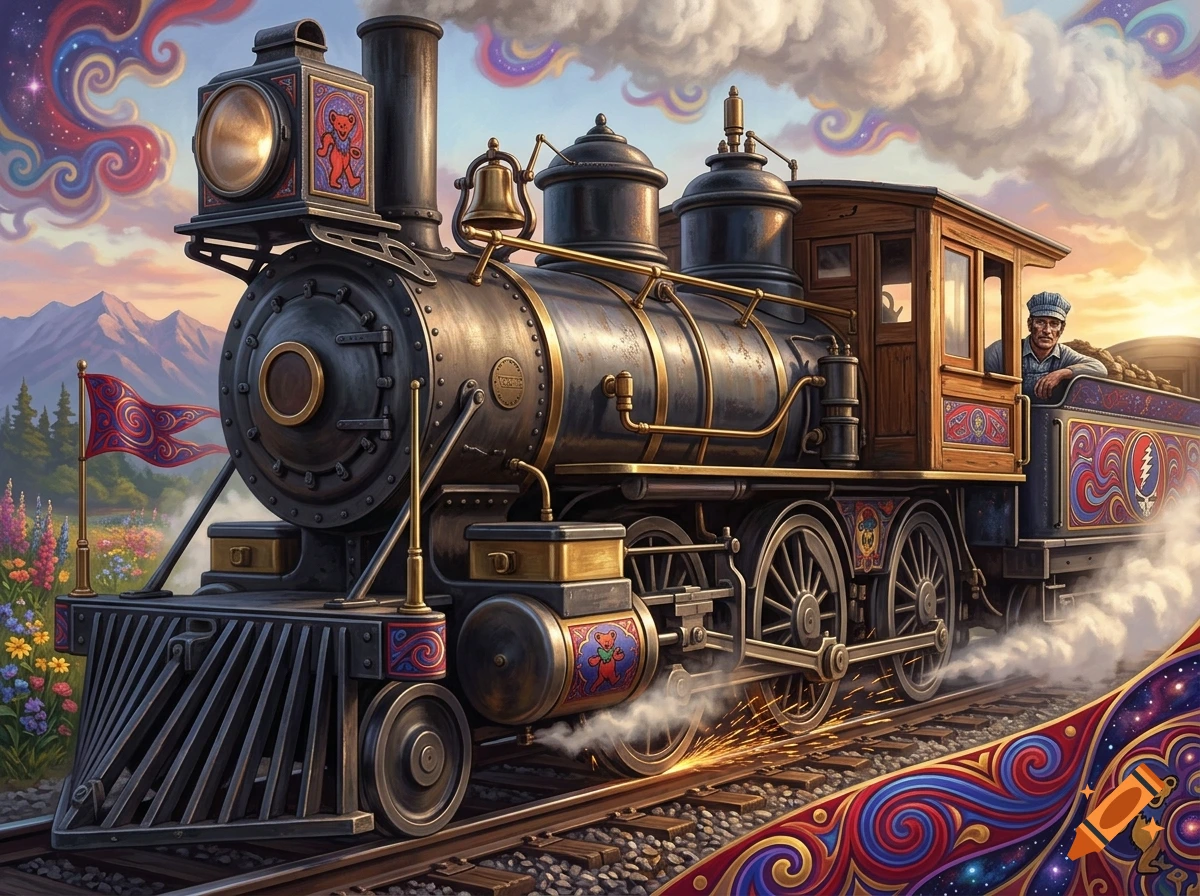 An ornate, vintage steam locomotive traveling on tracks, adorned with colorful psychedelic patterns and a Grateful Dead theme in a fantasy landscape.