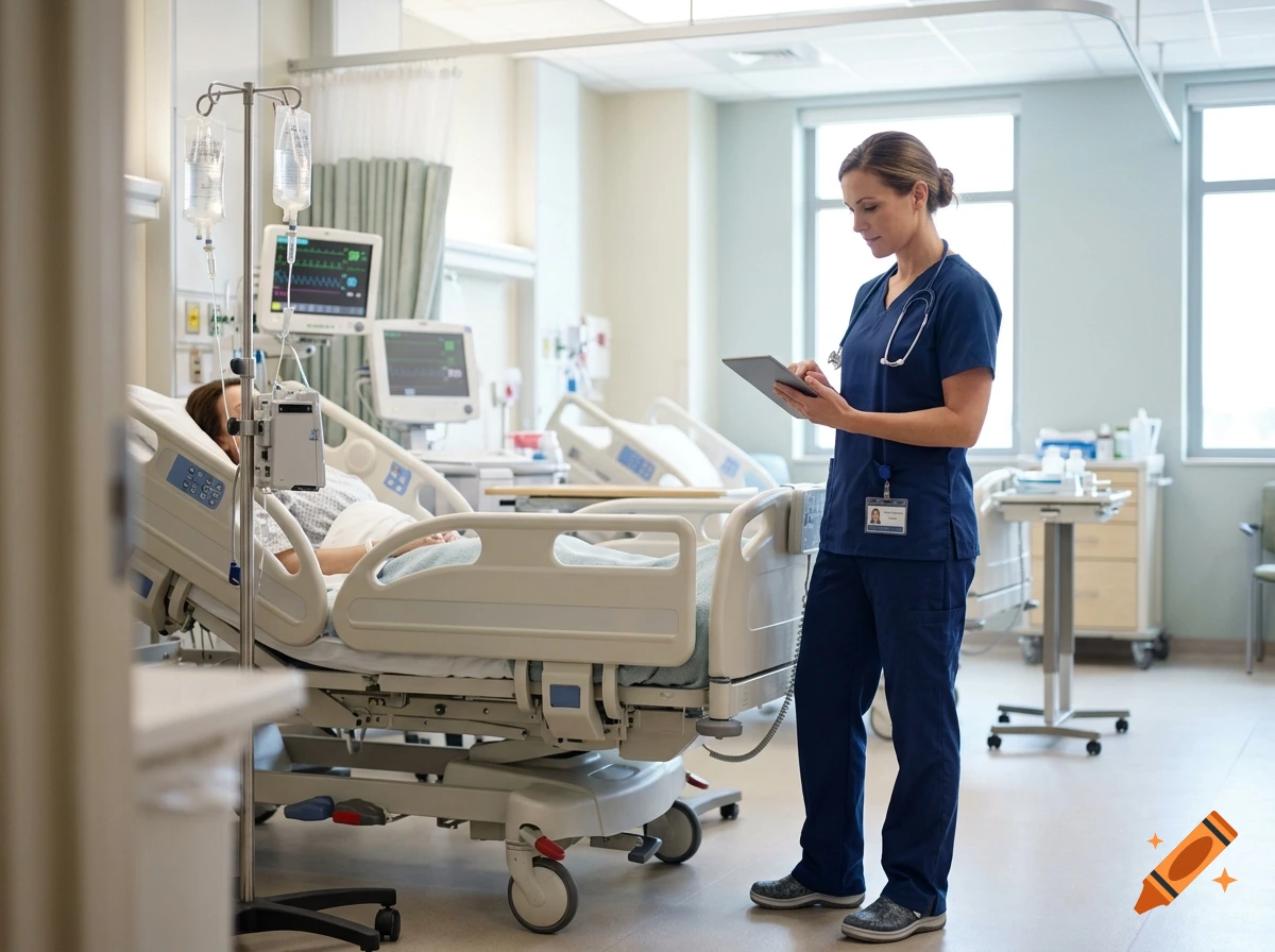 Photorealistic image of a nurse in blue scrubs using a tablet in a hospital room with a patient in bed.