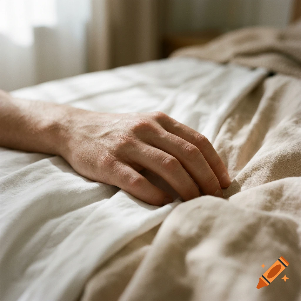 Close-up of a human hand resting on white and beige bedsheets, photorealistic.
