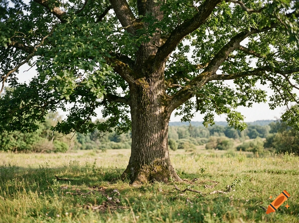 Photorealistic image of a large oak tree standing in a grassy meadow during daytime.