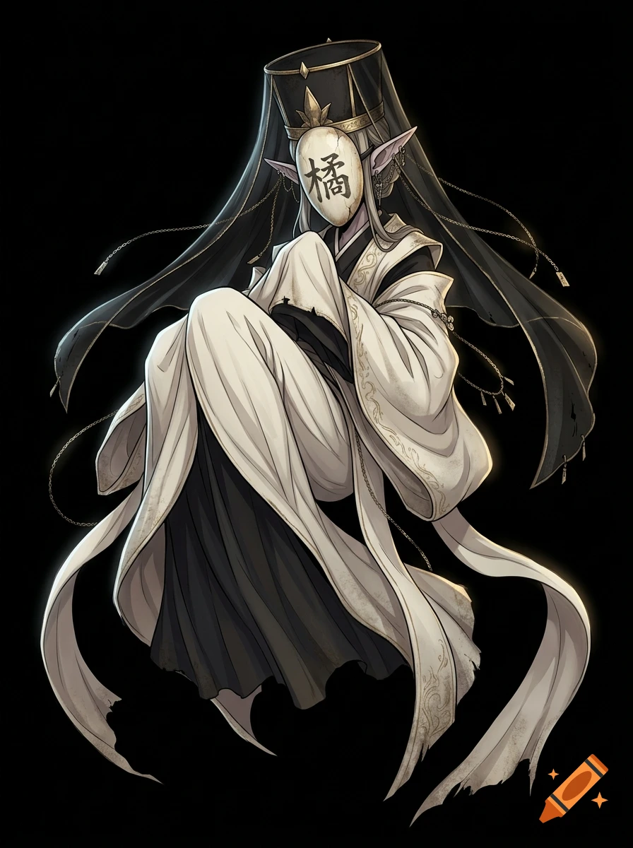 An anime-style dark fantasy dark elf priestess with a mask bearing a kanji character, floating in a dark space, wearing layered robes.