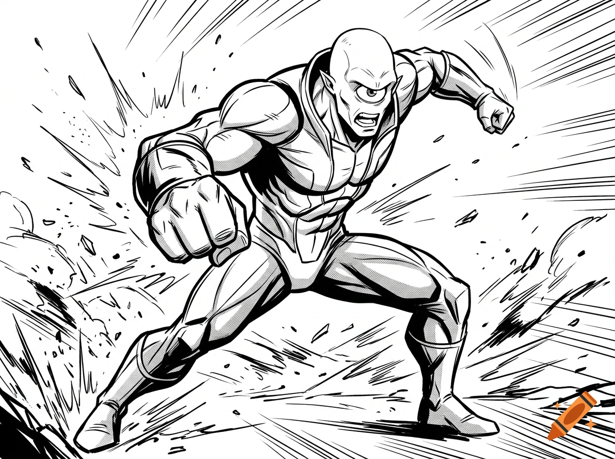 Black and white manga style drawing of a muscular alien with one eye in a dynamic fighting stance.