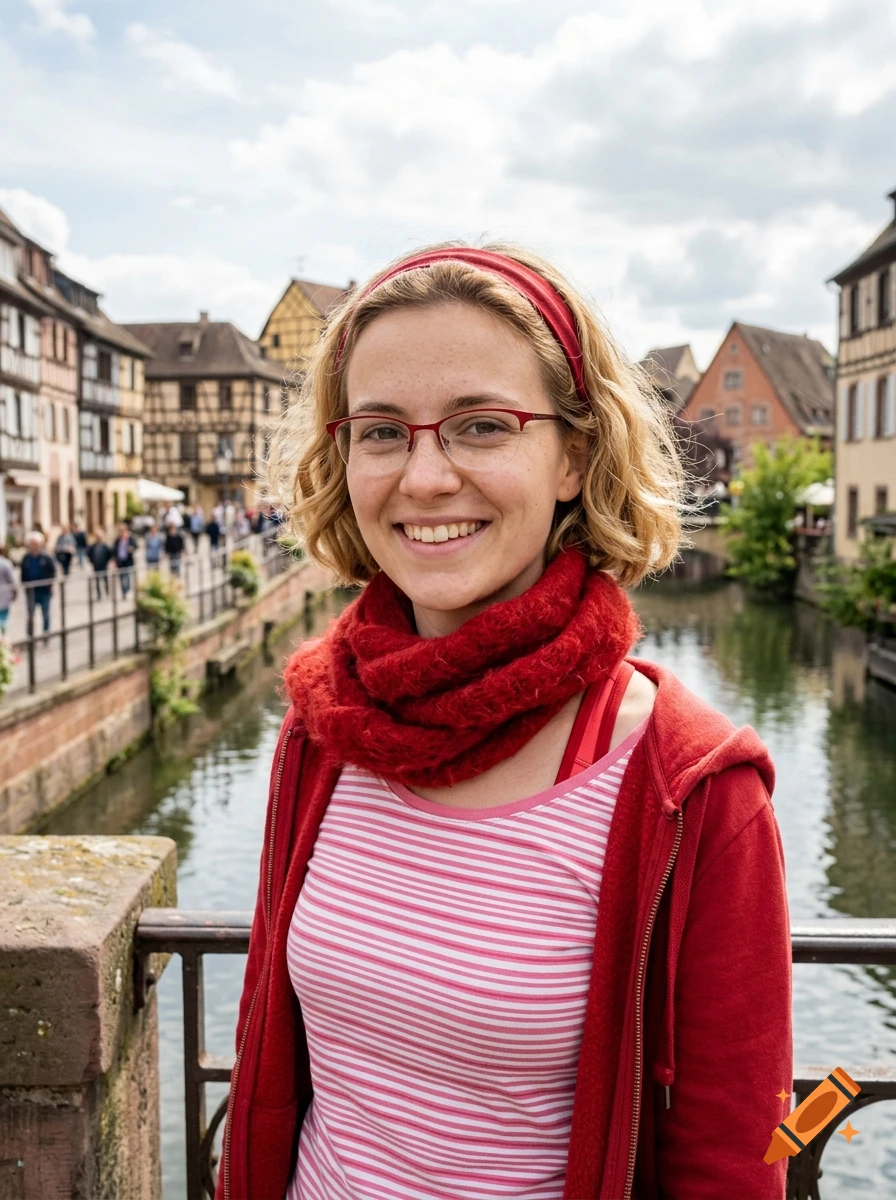 Photorealistic portrait of a smiling young woman with glasses and a red scarf standing on a bridge in front of a canal and historic village houses.