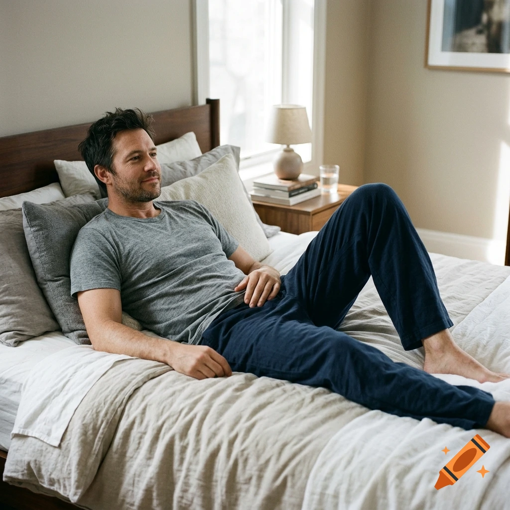 Man lying on a bed with his legs up, wearing a grey t-shirt and blue pants, in a brightly lit bedroom.