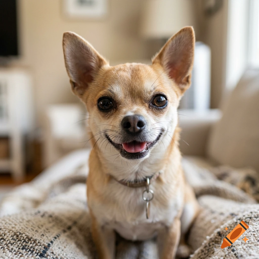 Close-up portrait of a small tan Chihuahua sitting on a blanket, smiling with its tongue showing.