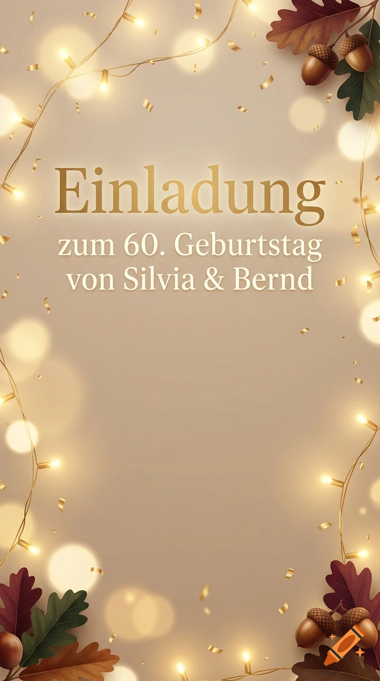 Vertical autumn party invitation with glowing fairy lights, bokeh, acorns, and golden text reading Einladung zum 60. Geburtstag von Silvia & Bernd.