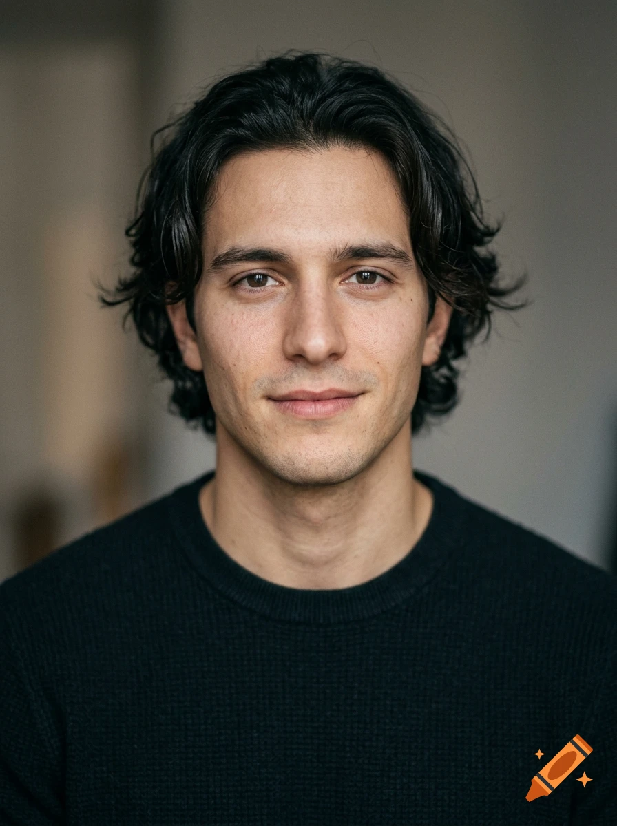 Close-up portrait of a man with dark wavy hair and brown eyes wearing a black crewneck sweater, looking directly at the camera with a slight smile.