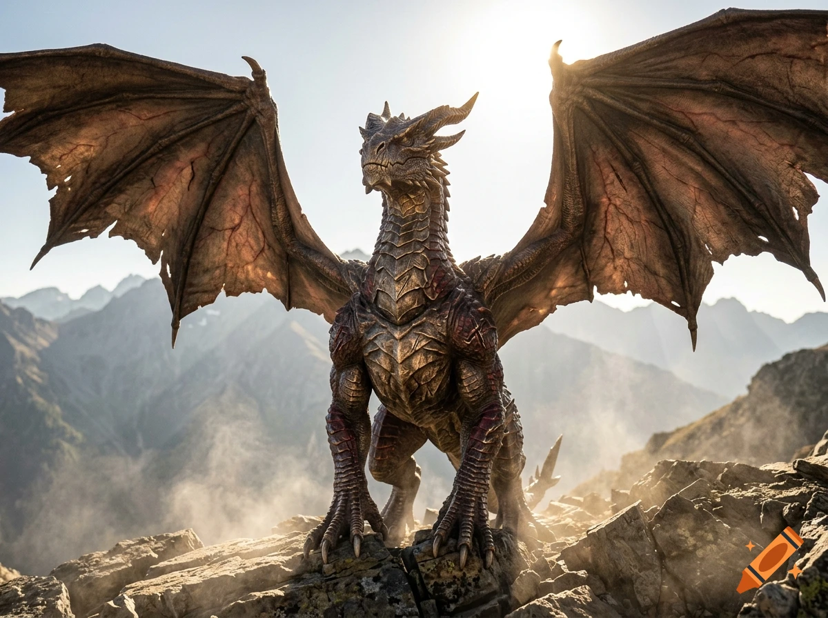 Photorealistic majestic dragon with large wings perched on a rocky mountain peak against a bright sun.