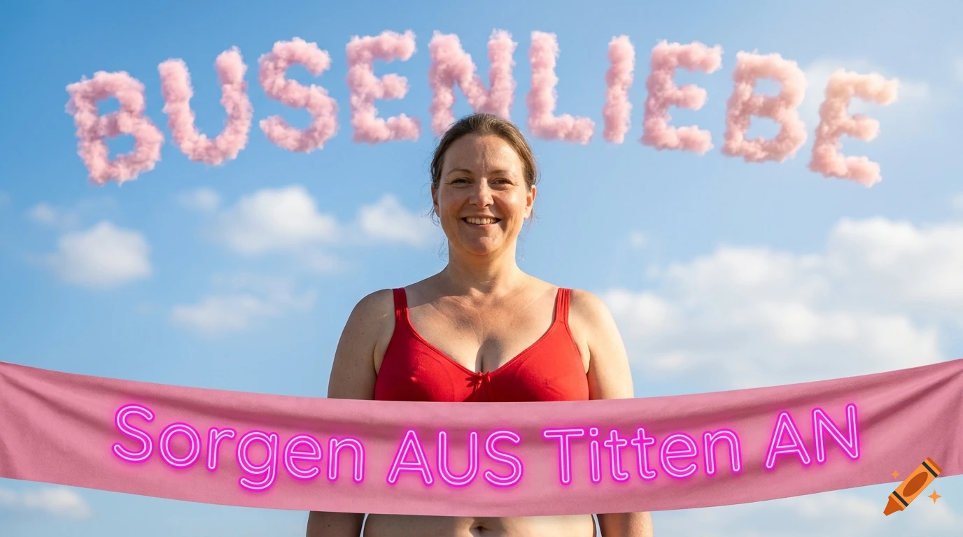 Smiling woman in red bra with pink cloud text reading BUSENLIEBE and banner reading Sorgen AUS Titten AN against a blue sky.