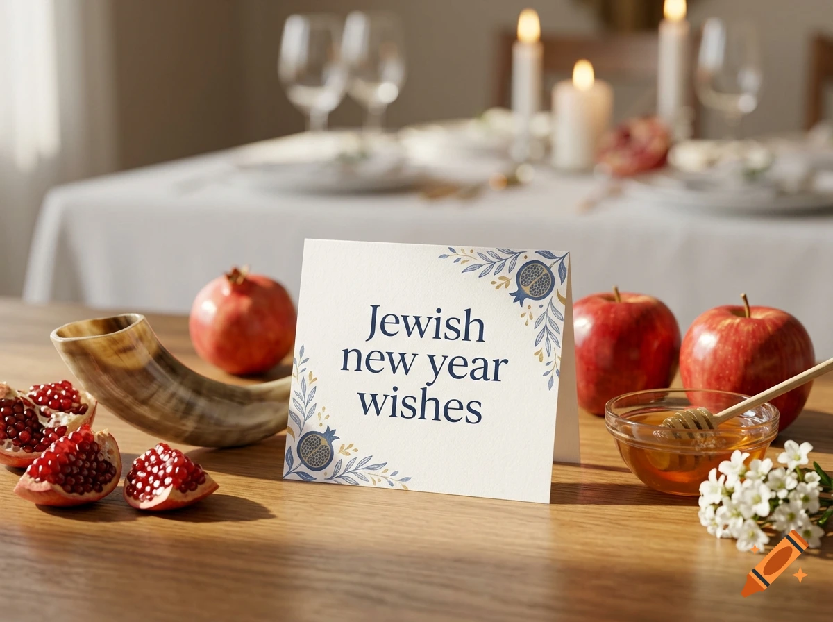 A table setting for Rosh Hashanah with a card reading Jewish new year wishes, pomegranates, apples, honey, and a shofar.