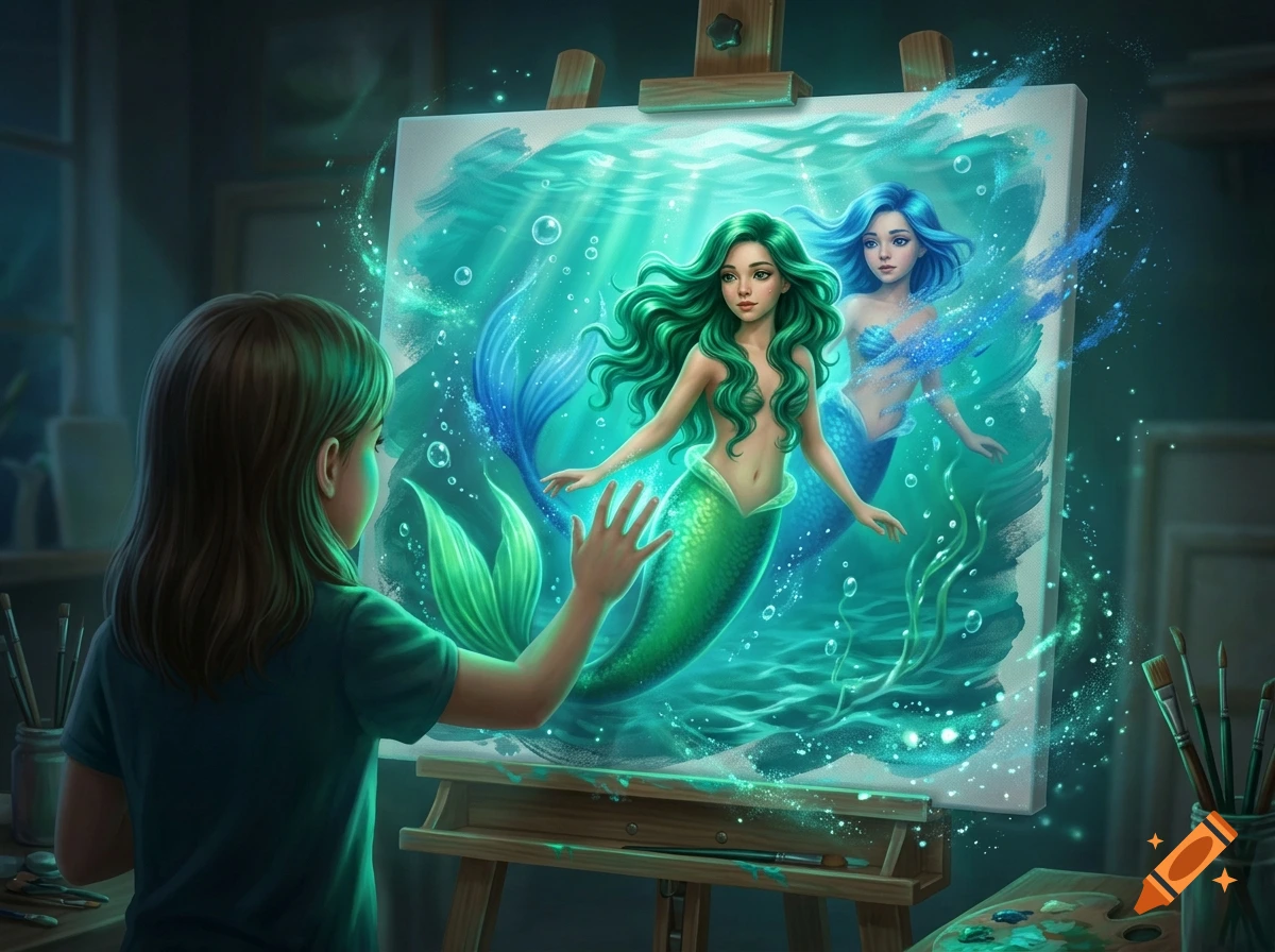 A young girl in an art studio touching a canvas depicting a magical underwater scene with a green-haired mermaid.