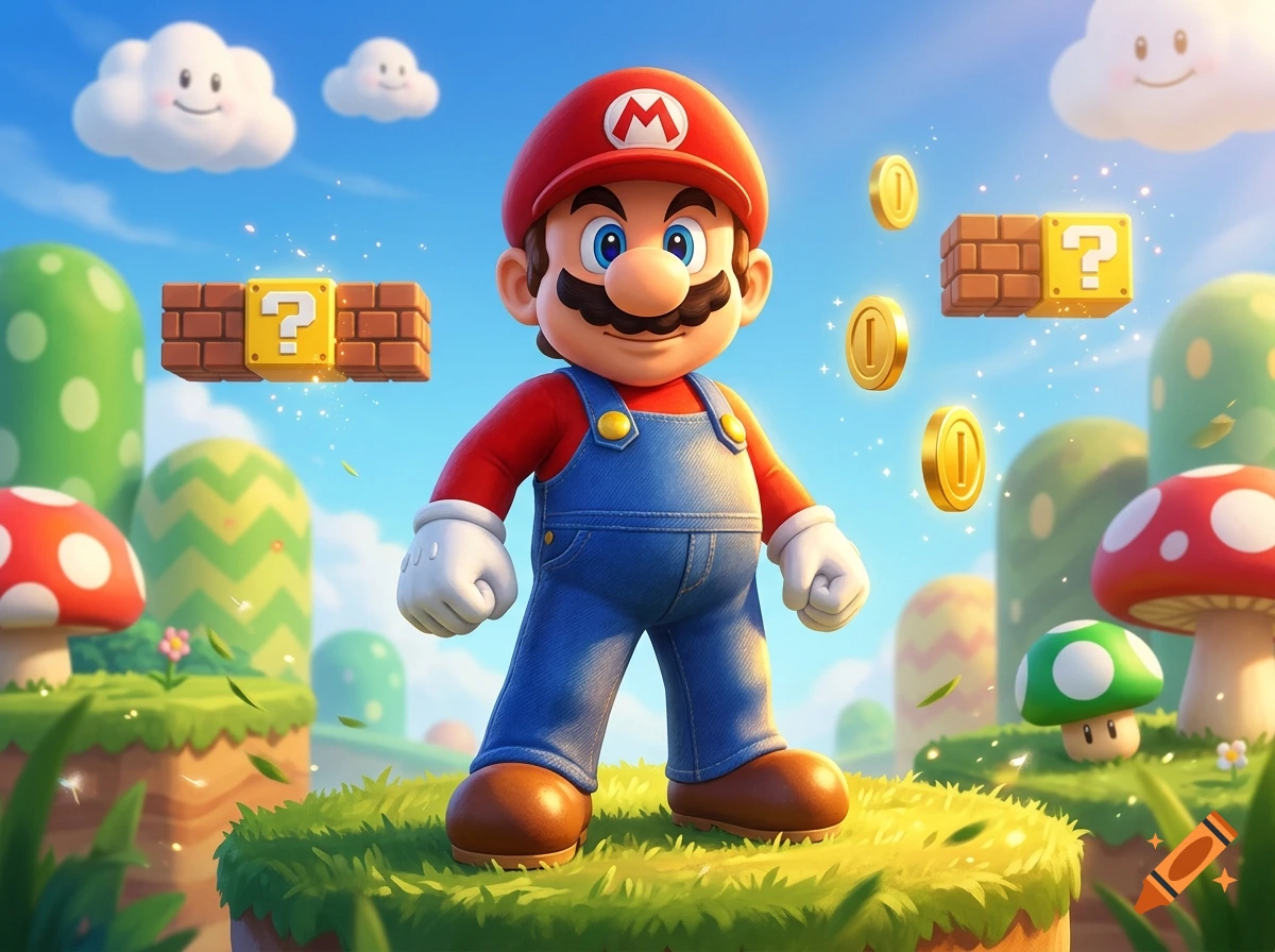 3D digital illustration of Mario standing in a vibrant Mushroom Kingdom landscape with clouds and coin blocks.