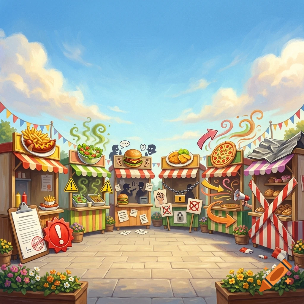 Playful digital illustration of a colorful food market with various stalls representing different dishes and sabotage elements.