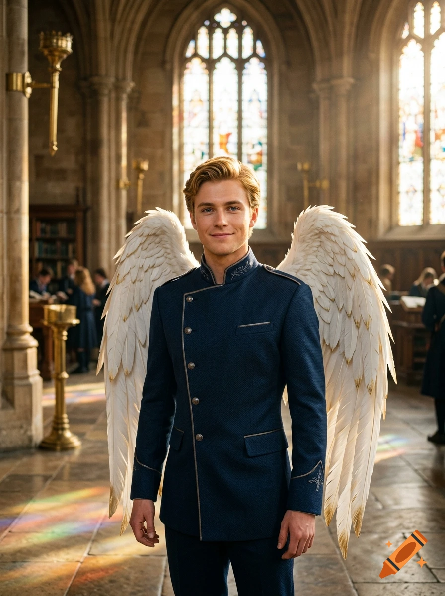 Photorealistic portrait of a young man with golden blond hair, bright blue eyes, and large white feathered wings, wearing a blue celestial academy uniform inside a Gothic stone cathedral.