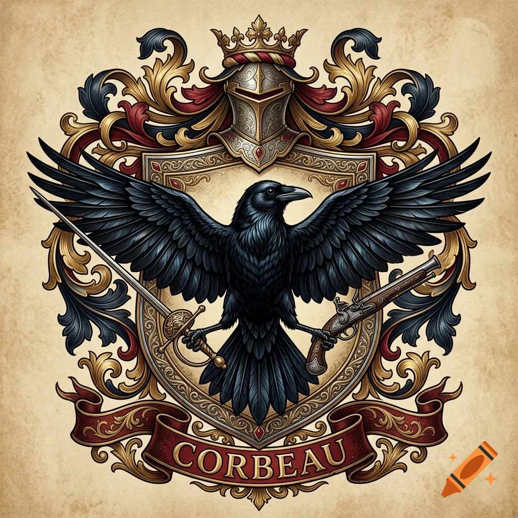 Detailed heraldic coat of arms illustration featuring a central black crow holding a rapier and flintlock pistol, with a helmet and ornate scrollwork.