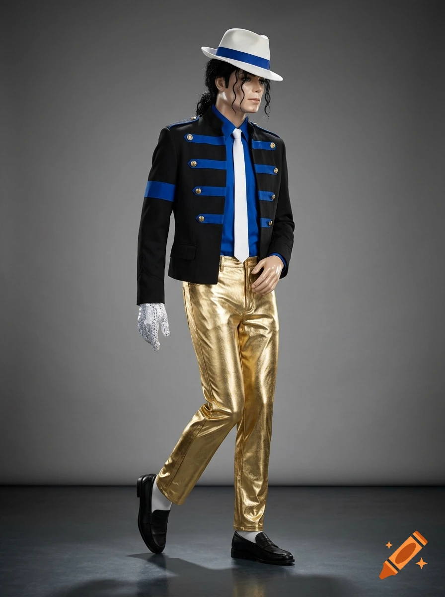 Mannequin dressed in Michael Jackson's iconic black jacket with blue details, gold pants, white fedora, and white gloves in a moonwalk pose.