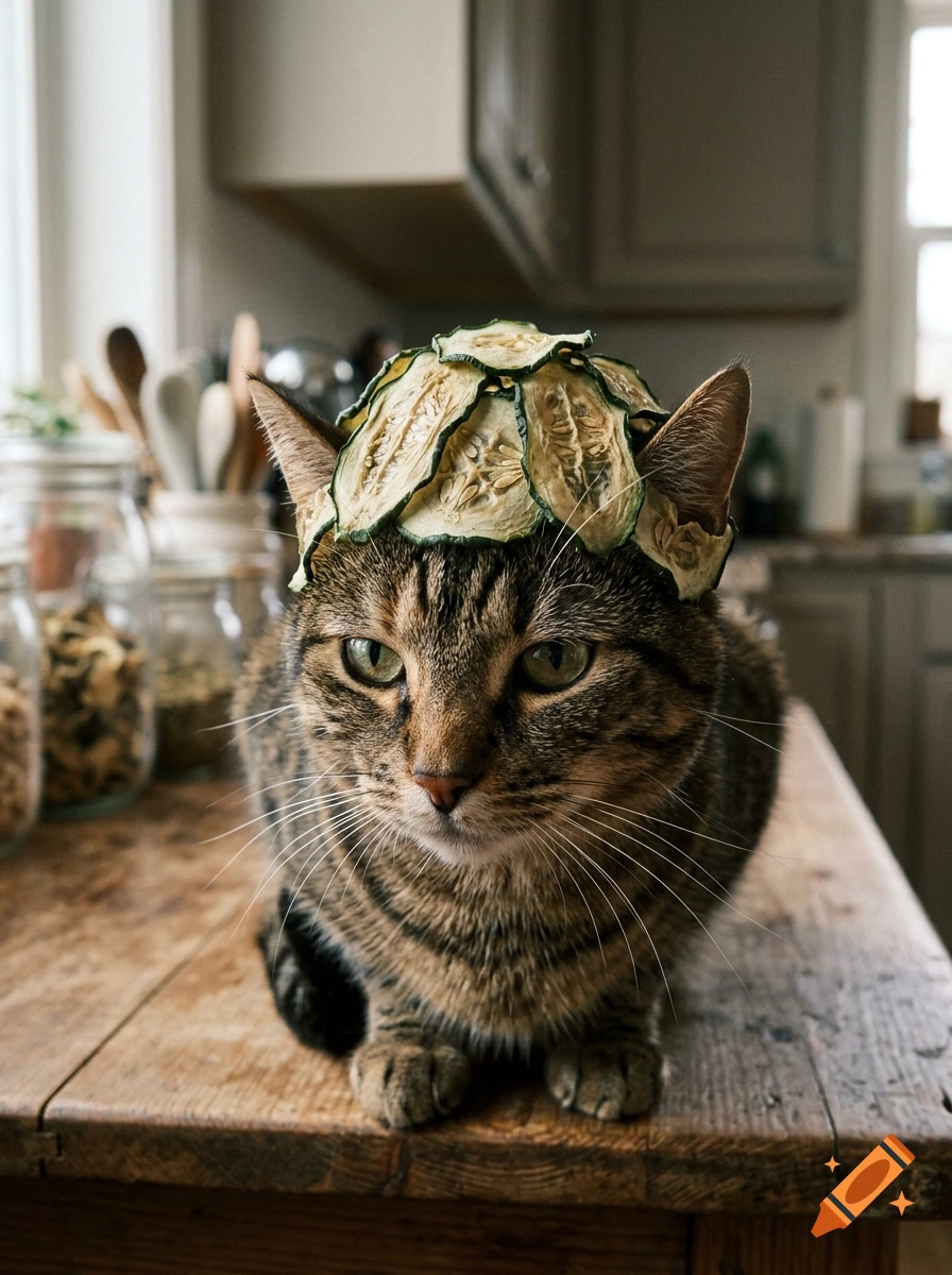 A tabby cat wearing a hat made of dried cucumber slices on a wooden kitchen counter.