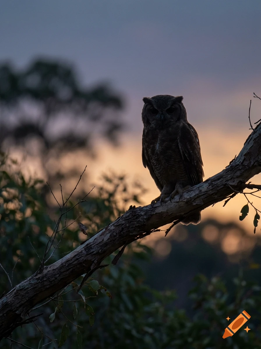 Silhouette of an owl perched on a tree branch at dusk against a colorful sunset sky.