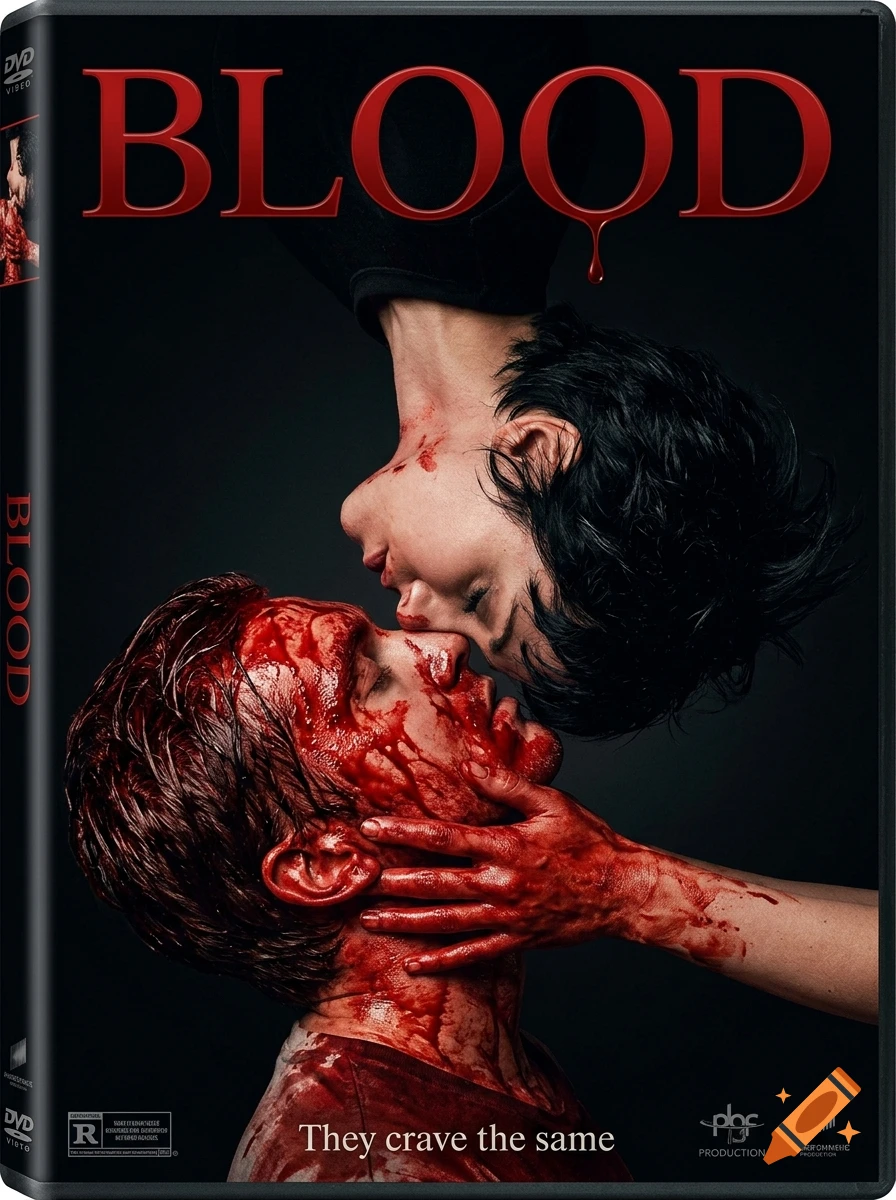 DVD cover for a horror film titled 'BLOOD', showing two people covered in blood kissing upside down.