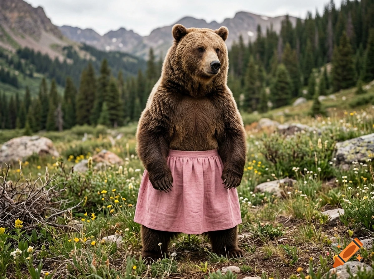 Photorealistic image of a grizzly bear standing upright in a mountain meadow, wearing a pink skirt.