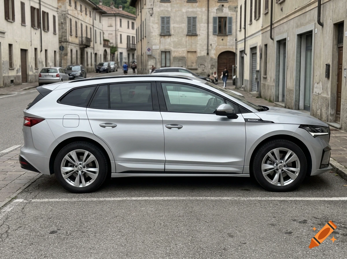 Side view of a silver Skoda SUV parked on a narrow European street lined with old buildings.