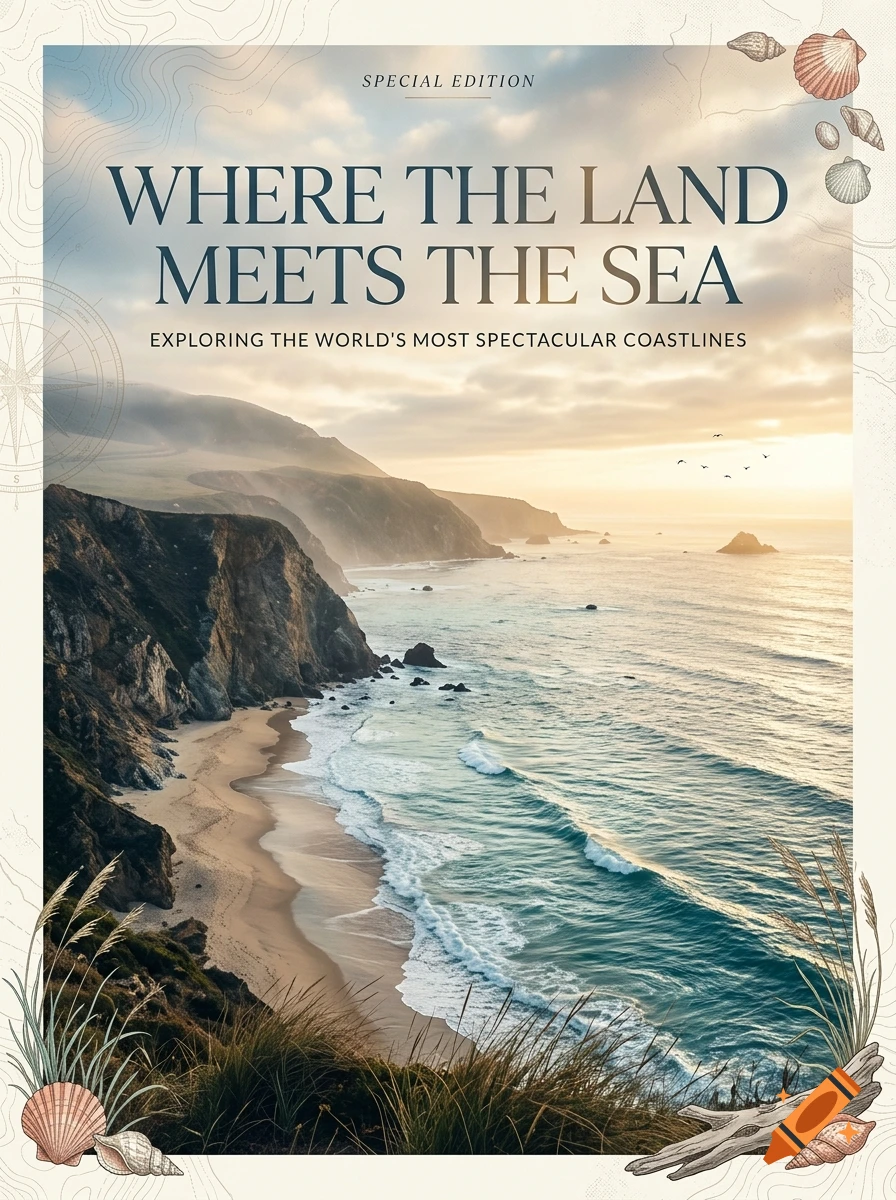 A book cover featuring a scenic coastal view with cliffs, sandy beach, and ocean waves under a partly cloudy sky, with decorative seashell illustrations.