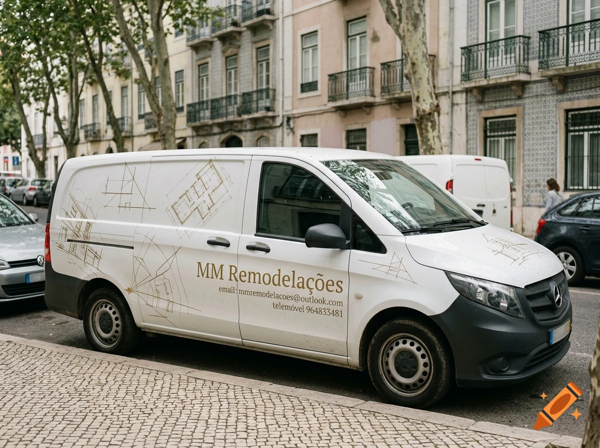 Photorealistic image of a white Mercedes Vito van parked on a cobblestone street in Europe, featuring gold branding for MM Remodelações.