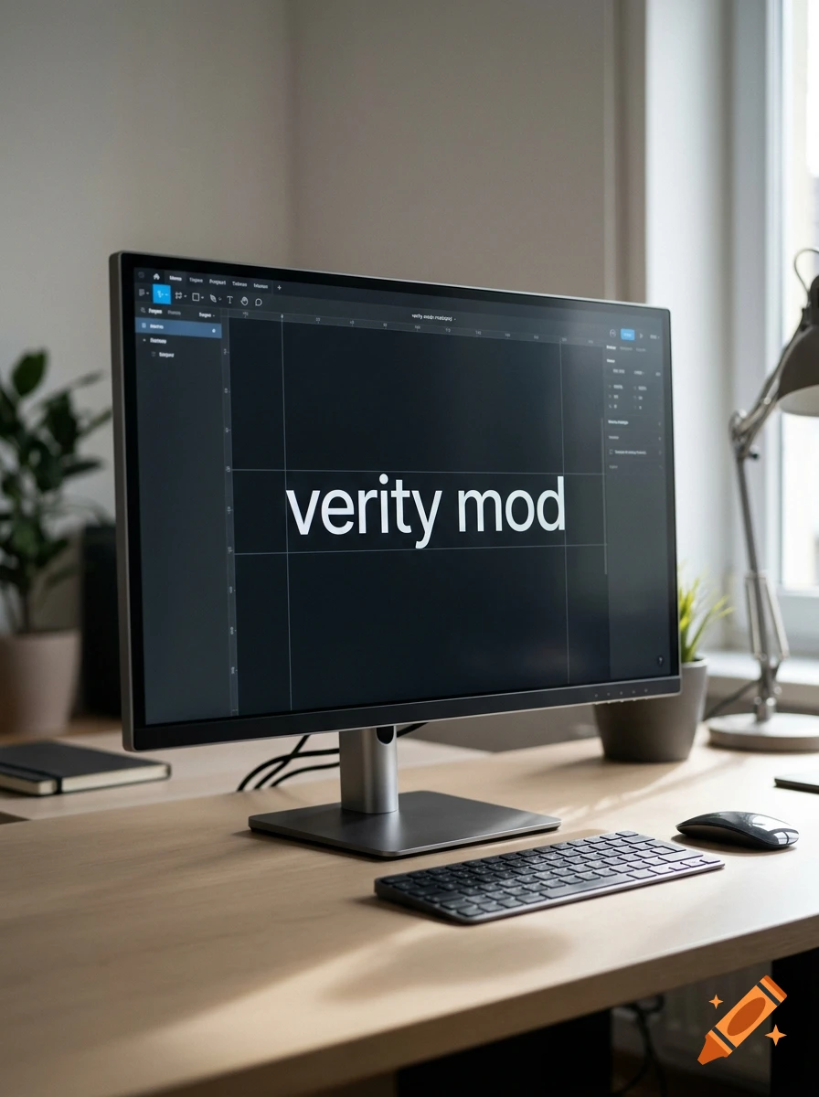 A computer monitor displaying the words 'verity mod' on a wooden desk with a keyboard, mouse, and lamp.