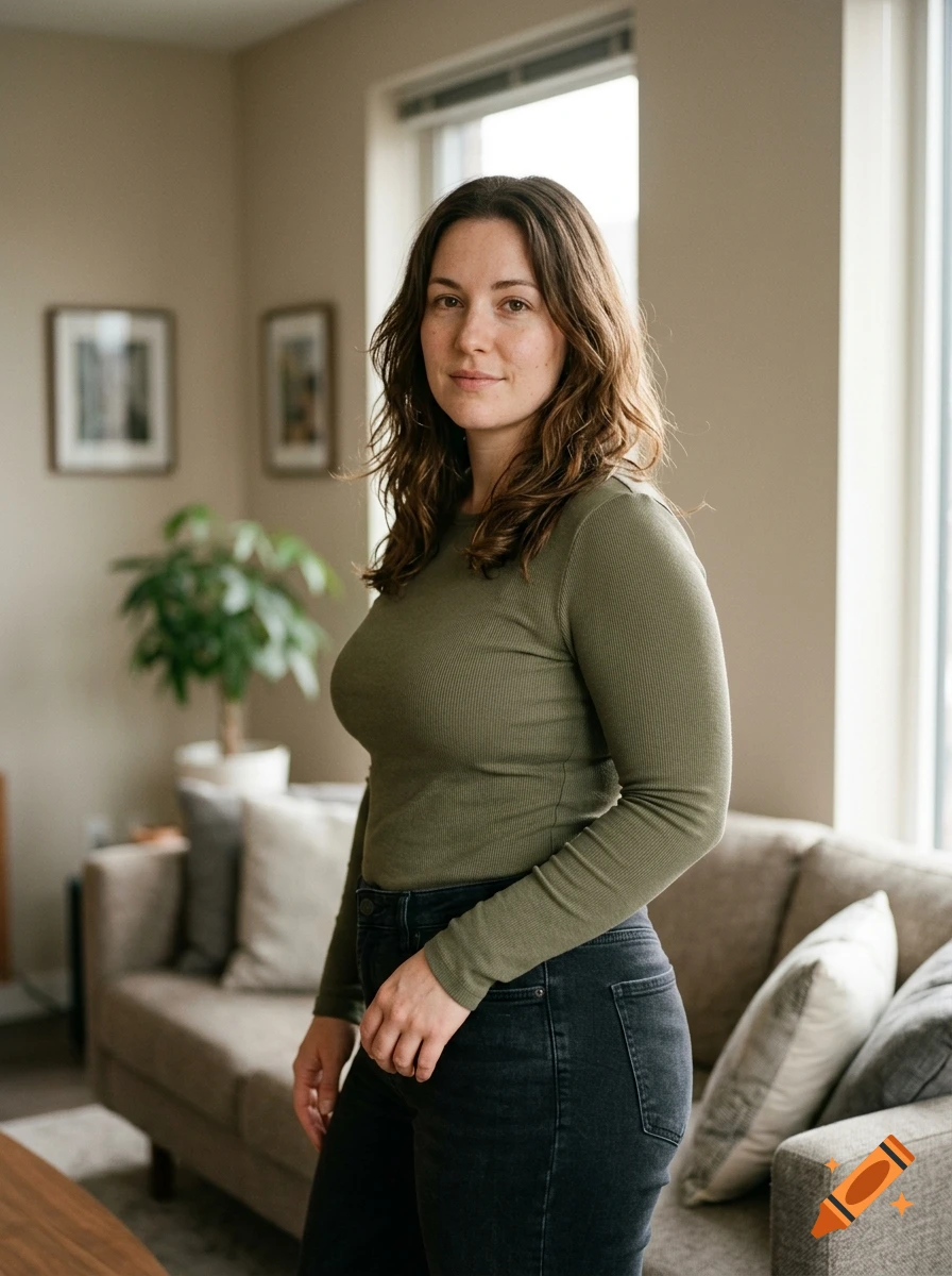 Portrait of a woman with long wavy brown hair wearing an olive green long-sleeve top and dark jeans, standing in a living room with a couch in the background.