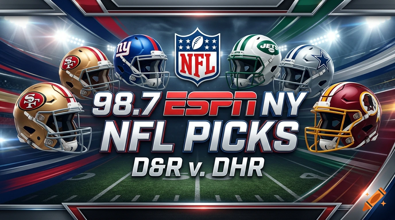 NFL picks banner featuring 98.7 ESPN NY text, NFL logo, and helmets for the 49ers, Giants, Jets, Cowboys, and Commanders.