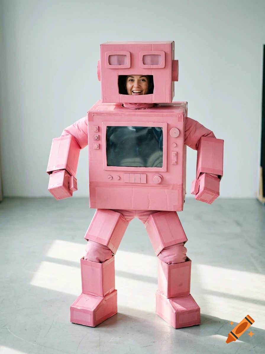 A smiling woman wearing a large, homemade pink cardboard robot costume.