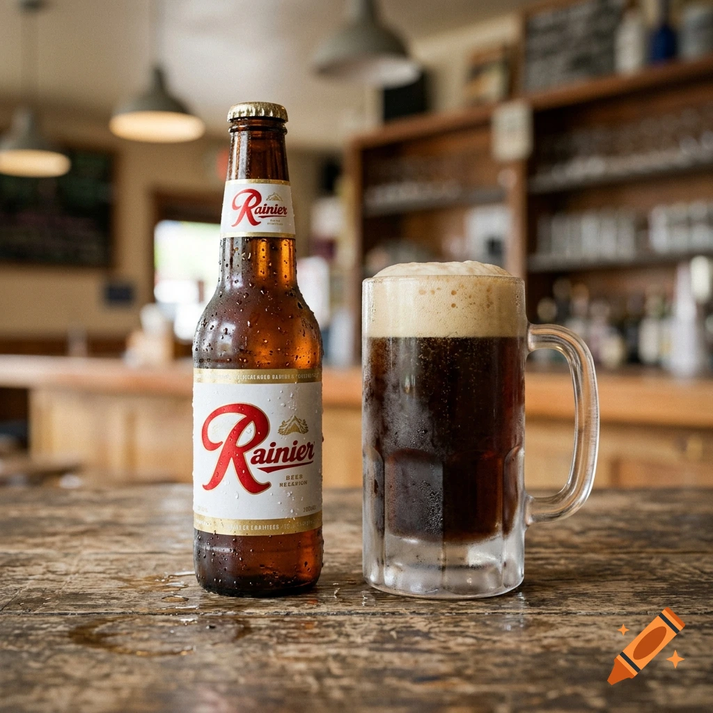 A frosted mug of dark beer and a sweating bottle of Rainier beer sitting on a rustic wooden table in a bar.