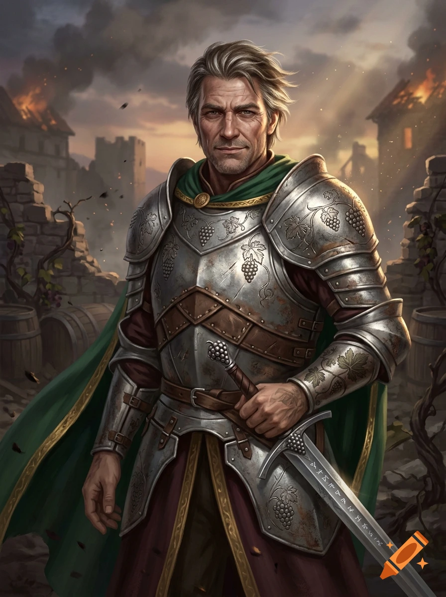 Digital illustration of a veteran human knight in silver plate armor with grapevine engravings, holding a sword amidst ruins.