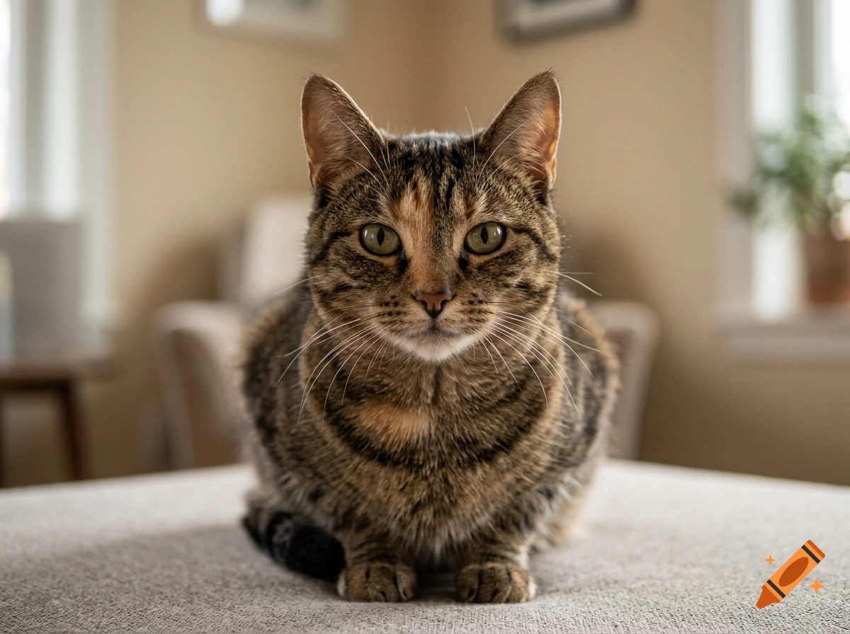 Close-up photorealistic shot of a brown tabby cat sitting squarely on a soft surface indoors.