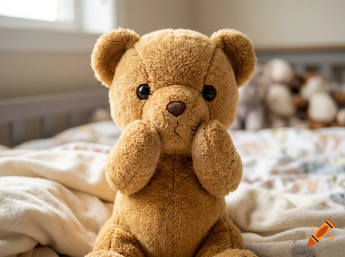 Close-up of a fluffy brown teddy bear sitting on a bed with its paws near its face.