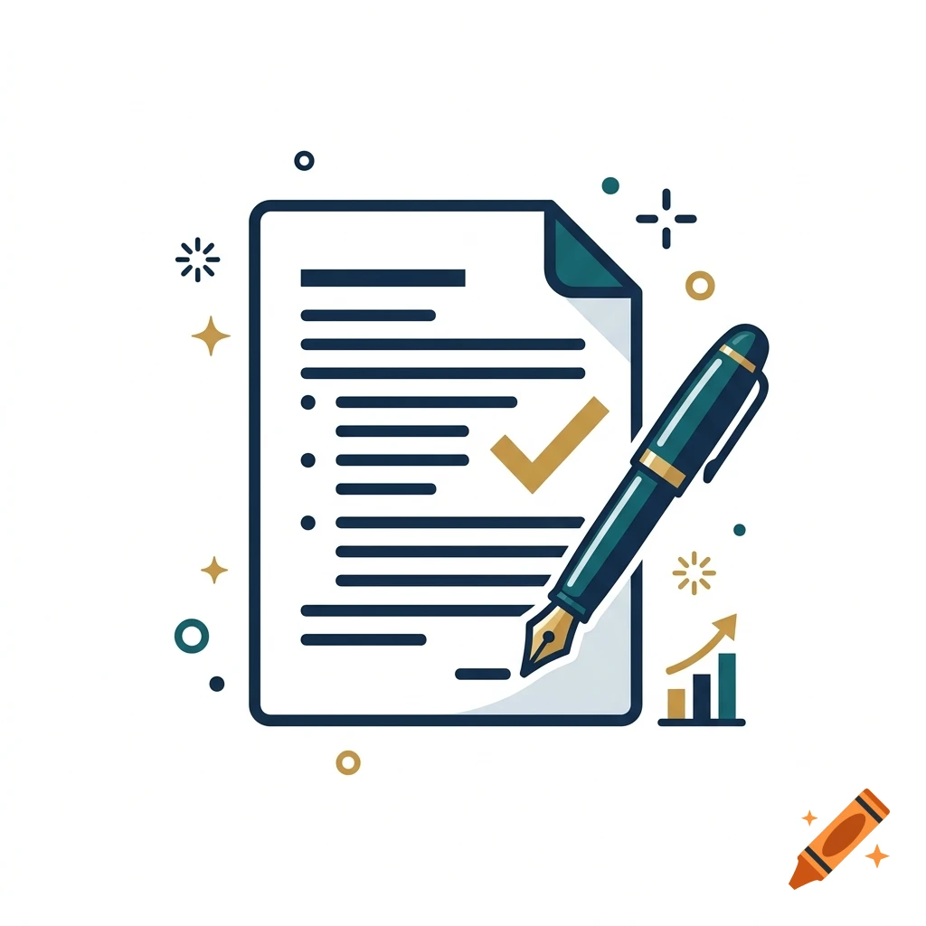 Vector icon of a document with a checkmark and a fountain pen, accompanied by a small growth chart.