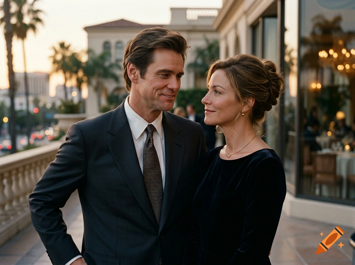 Photorealistic depiction of Jim Carrey and Amanda Donohoe as a romantic couple standing on a balcony at sunset.