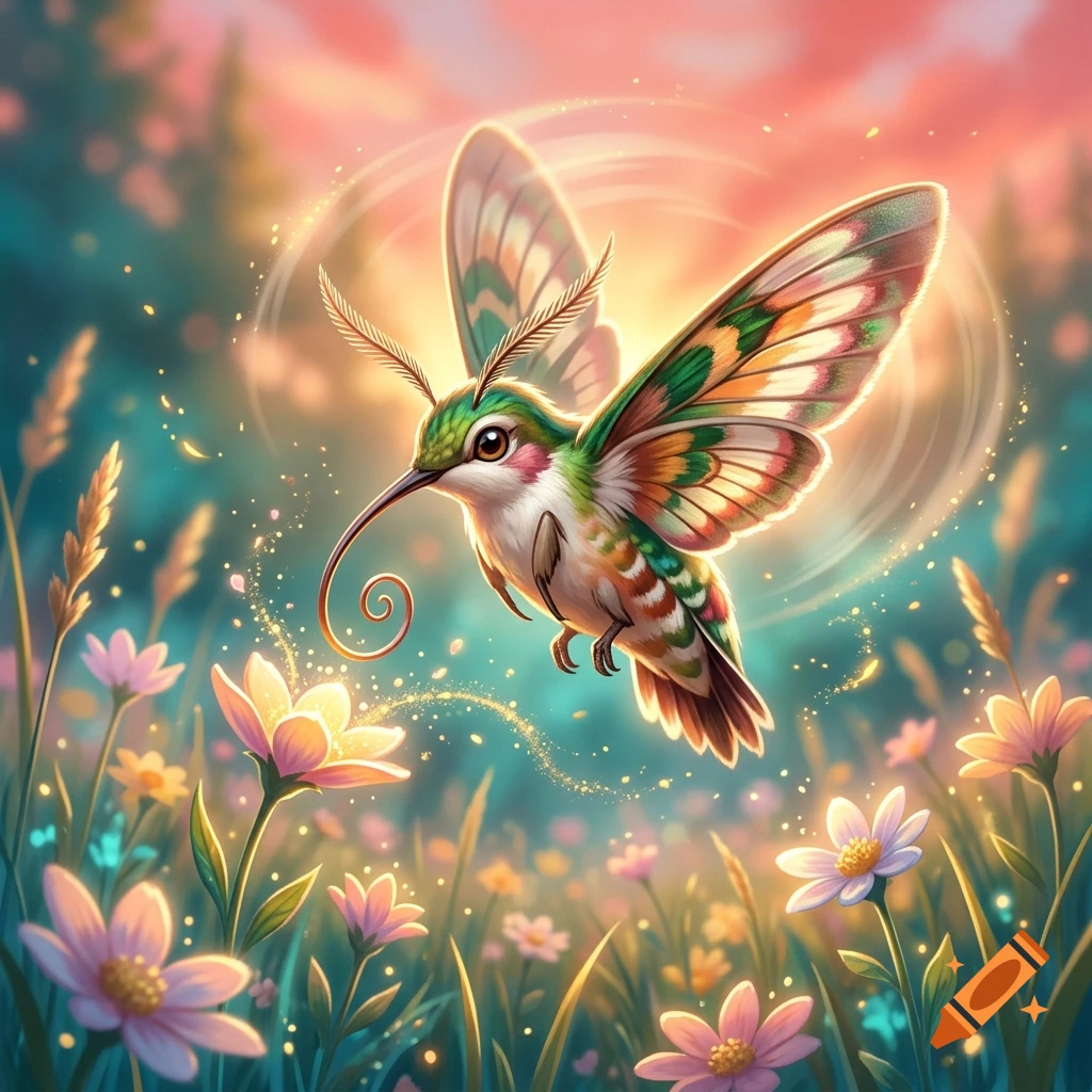 Digital illustration of a hummingbird hawk-moth with vibrant green and pink wings hovering near glowing flowers in a sunny meadow.