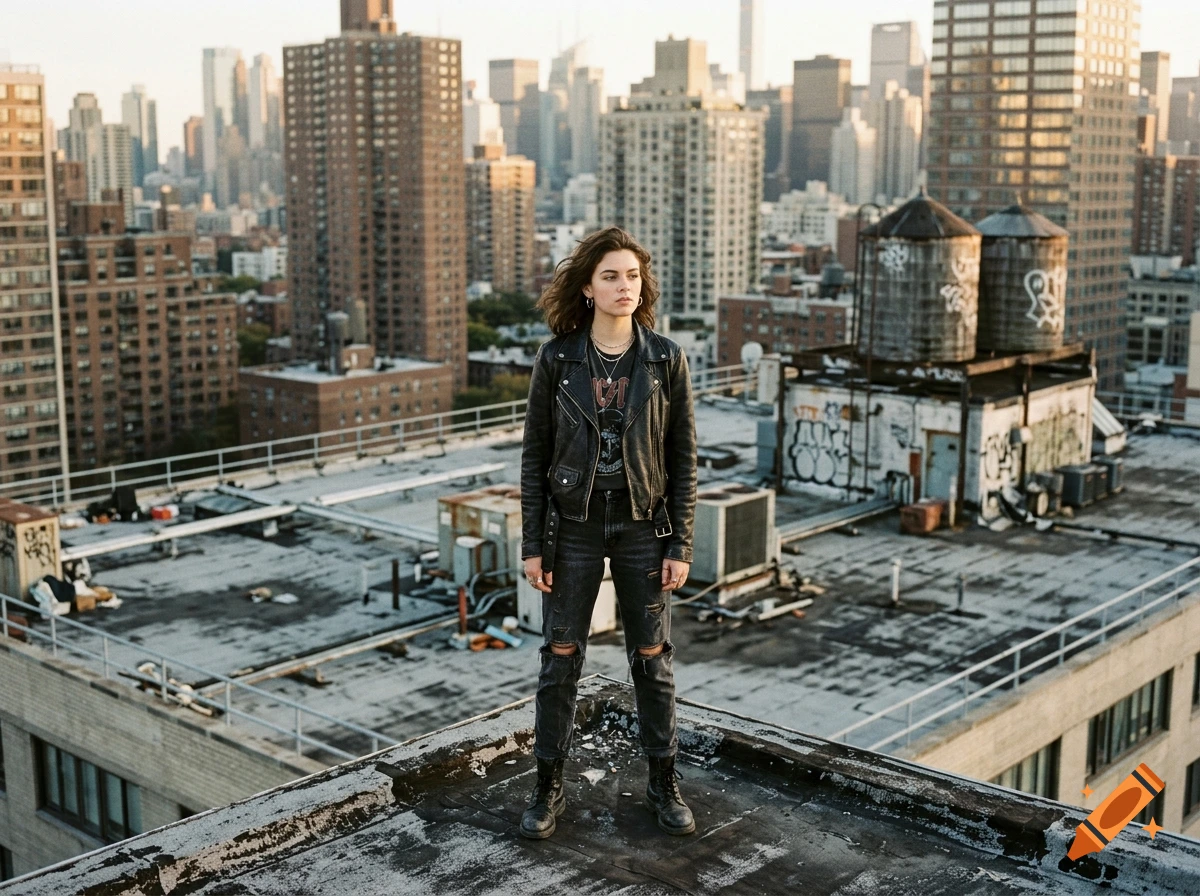 Photorealistic shot of a rebellious young woman standing on a rooftop overlooking a city skyline.