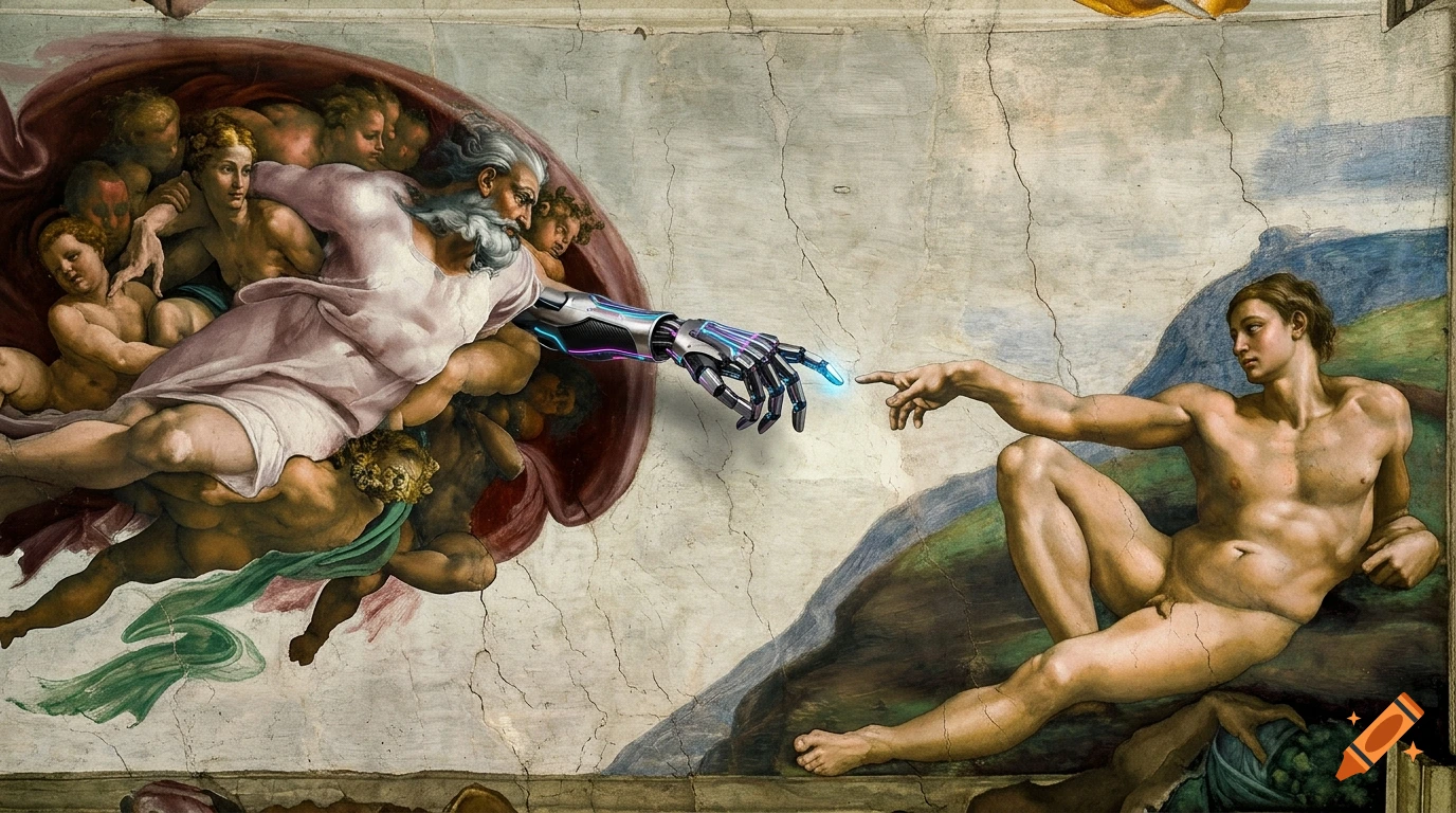 A parody of The Creation of Adam where God has a robotic cybernetic arm reaching out to touch Adam's hand.